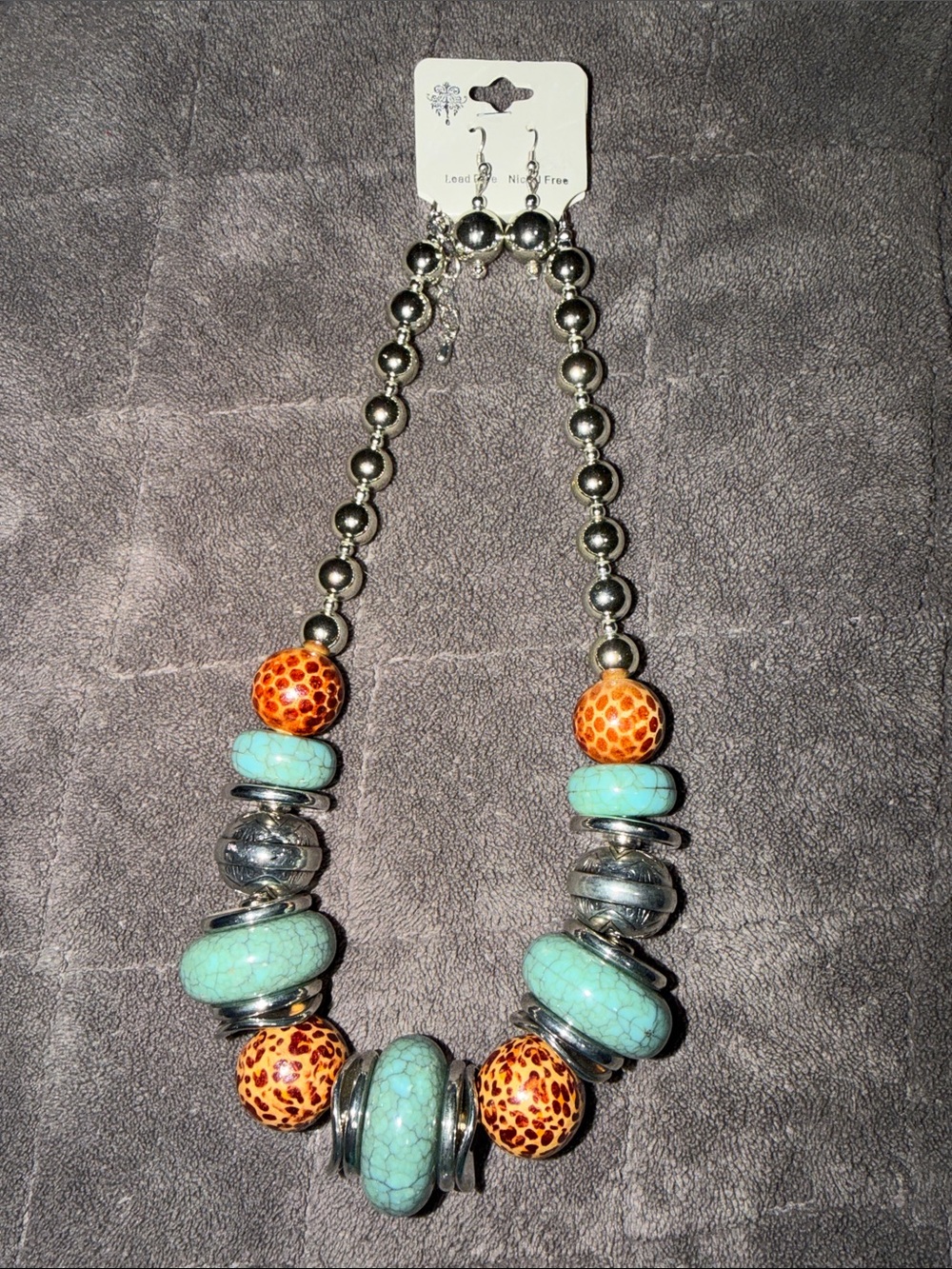 Turquoise & Orange Bead Statement Necklace and Earrings - Unbranded